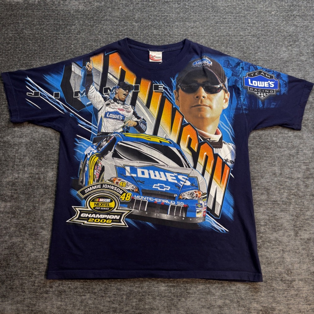Vintage Jimmie Johnson 2006 NASCAR Champion Navy Graphic T-Shirt Mens XL Y2K AOP